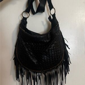 Black Fringe Woven Shoulder Bag